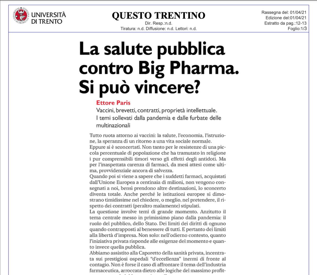 E. Paris (intervista a Roberto Caso), La salute pubblica contro Big Pharma. Si può vincere?, QT (Questo Trentino), 1° aprile 2021